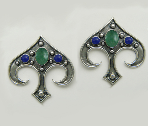 Sterling Silver Gothic Inspired Drop Dangle Earrings With Jade And Lapis Lazuli